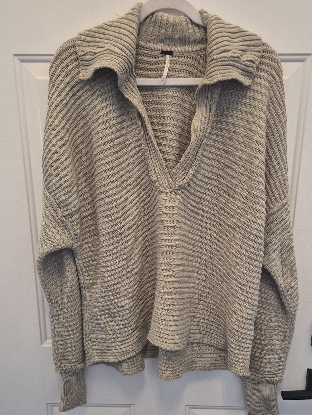 Free People Ribbed V-Neck Fold-Over Collar Sweater - Light Taupe